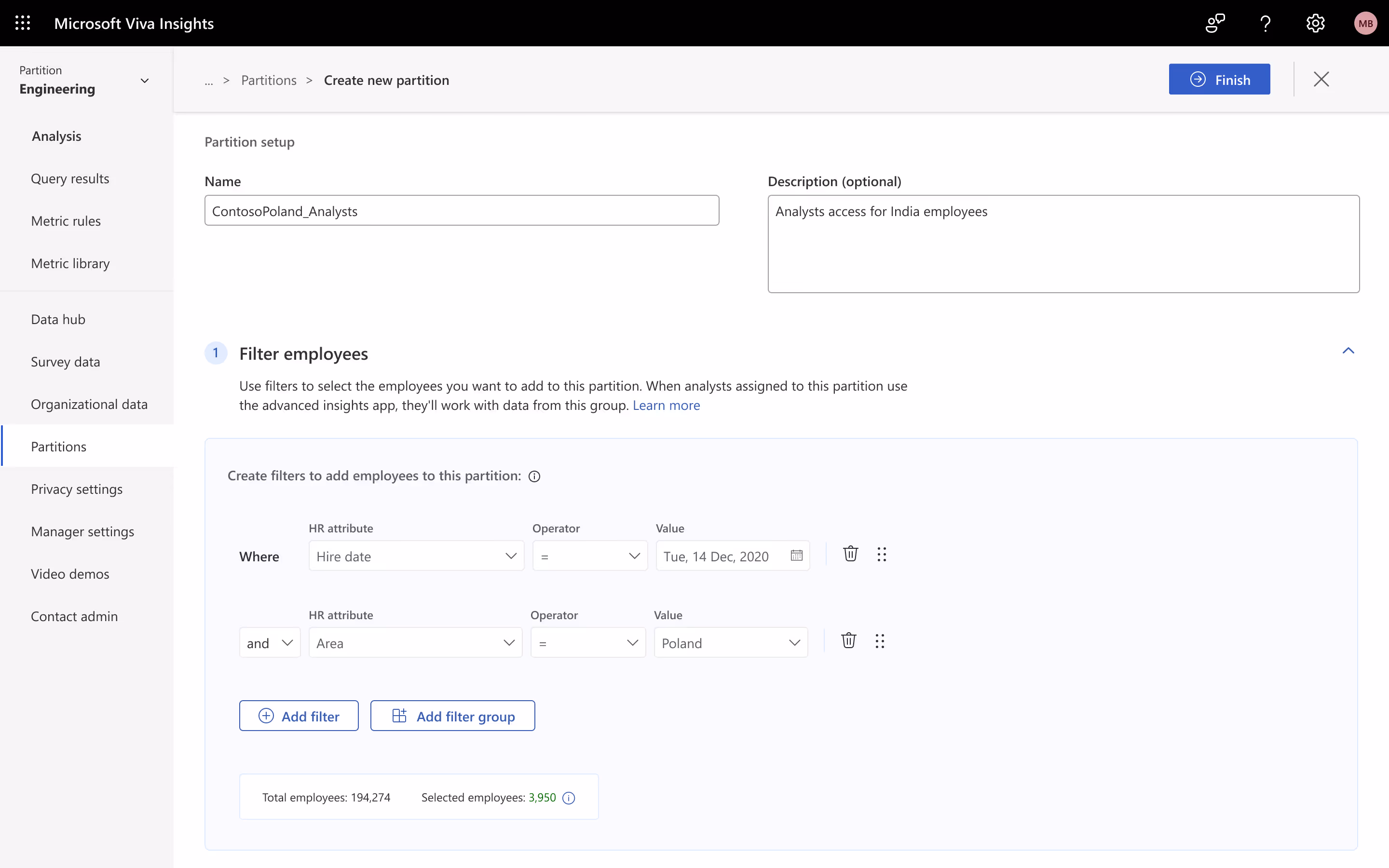 Employee filters section in the Partition creation Wizard.